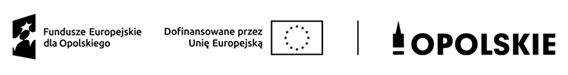 Ciąg logotypów funduszy unijnych i samorządowych w kolorystyce czarno-białej. Od lewej: sygnet przedstawiający zarys mapy i gwiazdy z napisem 'Fundusze Europejskie dla Opolskiego', napis 'Dofinansowane przez Unię Europejską' obok flagi Unii Europejskiej, pionowa linia oddzielająca oraz logotyp województwa opolskiego z wieżą piastowską i napisem 'OPOLSKIE'