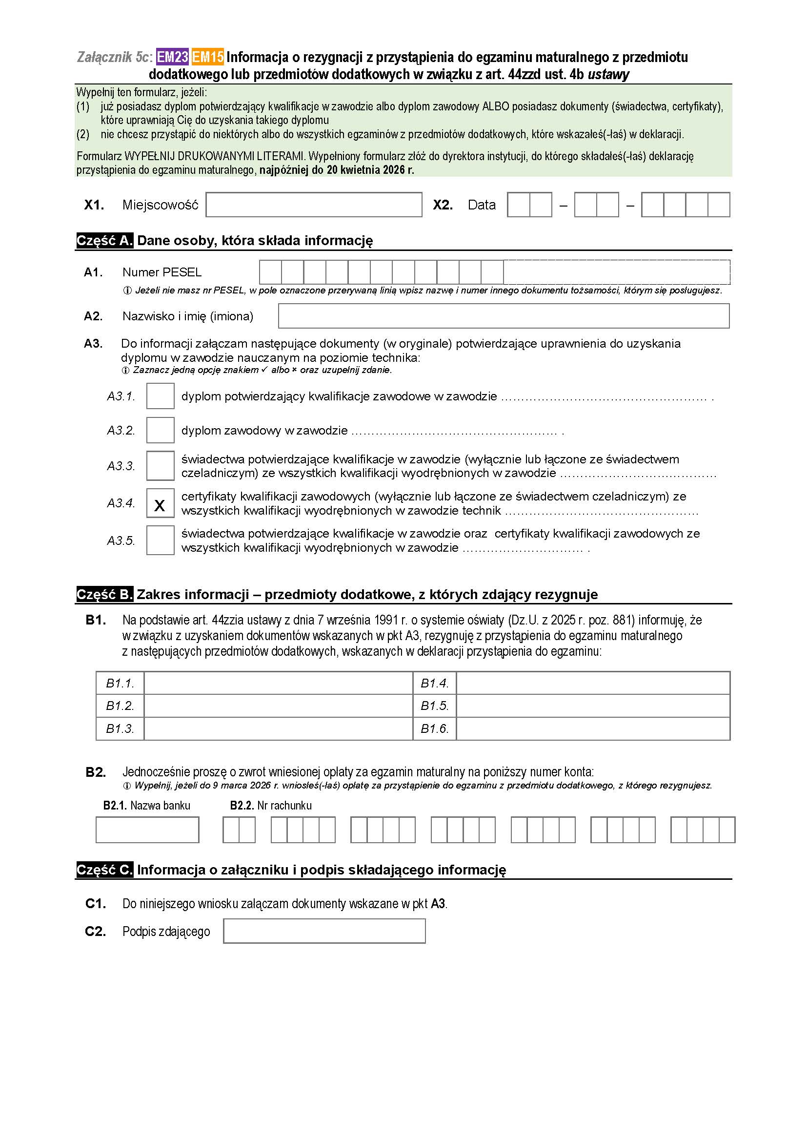 Wniosek zdającego – Uzyskanie dyplomu zawodowego